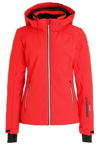 Rød skijakke med hætte, tekstureret mønster, sort inderside, fuld lynlås foran og sidelommer med kontrasterende hvide lynlåse.