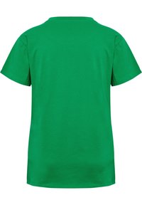 Zielona bawełniana koszulka, krótki rękaw, okrągły dekolt, miękka tekstura, prosty design, bez widocznych logo ani wzorów, widok od tyłu.