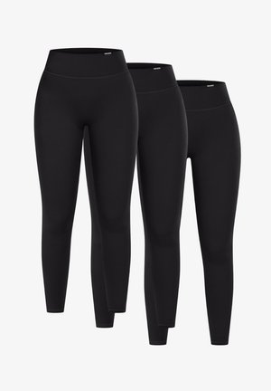 Tres pares de leggings negros en varias tallas, con una cintura alta, textura suave y material elástico para mayor comodidad y flexibilidad.
