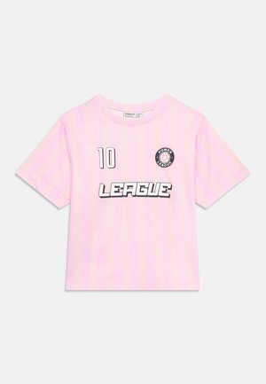 Maglietta sportiva rosa a maniche corte con numero 10, testo "LEAGUE" in grassetto e logo tondo "POWER LEAGUE" con un pallone da calcio.