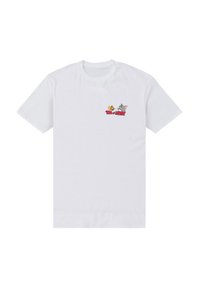 Hvid bomulds T-shirt med et farverigt Tom og Jerry grafik på venstre brystområde. Klassisk rund hals og korte ærmer.