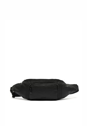 Black fabric waist bag with a main zippered compartment and a front pocket. Features a smooth texture and adjustable strap.