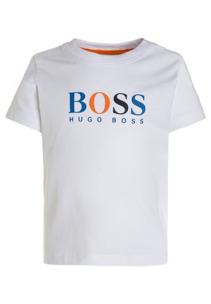 T-shirt blanc à manches courtes pour tout-petit avec col rond et logo "BOSS HUGO BOSS" en lettres bleues, orange et noires à l’avant.
