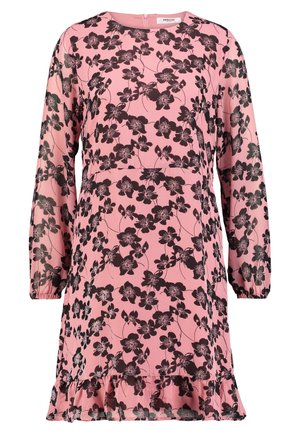 Rosa langärmliges Kleid mit schwarzem Blumenmuster, rundem Ausschnitt, elastischen Bündchen, Taillennaht und gerafftem Saum.