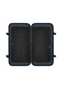 Sac de voyage noir avec une ouverture à double zip, doté de compartiments en maille intérieure et d'un revêtement en bleu marine uni. Idéal pour organiser des objets.