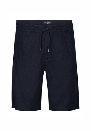 Marineblauwe linnen shorts met een elastische tailleband en trekkoord. Voorzien van twee zijzakken en een ontspannen pasvorm met gestikte zoom.