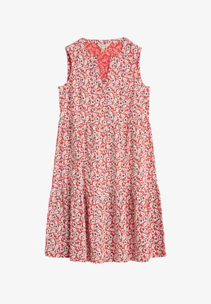 Blomsterkjole i koralfarve med hvide og blå mønstre. Uden ærmer, med V-hals og lagdelt nederdel. Fremstillet af letvægtigt stof.