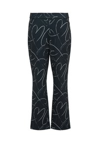 Zwarte flared leggings met een wit hartpatroon en kronkelige lijnen. Gemaakt van zacht, rekbaar materiaal met een brede tailleband.