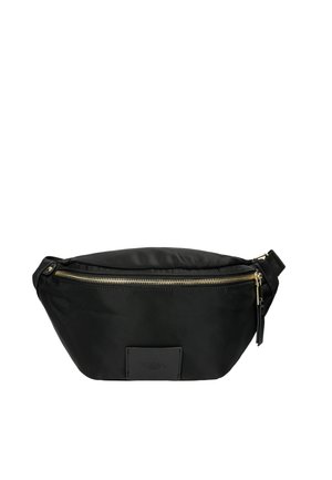 Czarna nylonowa torba na pas ze złotym zamkiem i regulowanym paskiem, prostokątna naszywka z logo na środku z przodu.