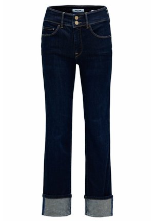 Dark blue denim jeans with a straight leg, featuring a double-button closure and rolled cuffs embellished with metallic studs.
