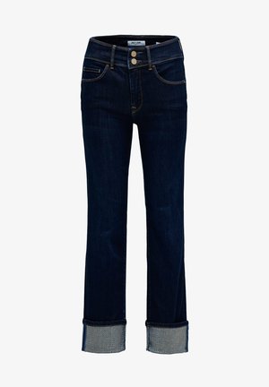 Dark blue denim jeans with a straight leg, featuring a double-button closure and rolled cuffs embellished with metallic studs.