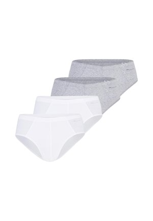 Vier Herren-Slips in Weiß und Hellgrau, versetzt in einer Reihe auf weißem Hintergrund angeordnet.