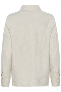 Béžová ľanová košeľa s dlhými rukávmi, zapínanými manžetami a širokým zadným dielom, zobrazená zospodu dozadu.