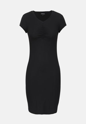 Black dress made of stretchy fabric, featuring a V-neck, short sleeves, and a gathered detail on the front panel. Form-fitting silhouette.