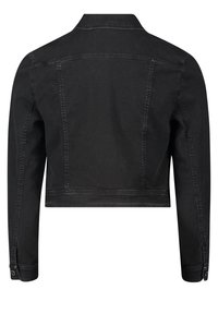 Svart denimkapp med kort längd, krage, långa ärmar och knappdetaljer. Har synlig sömnad och en enfärgad bakdel.