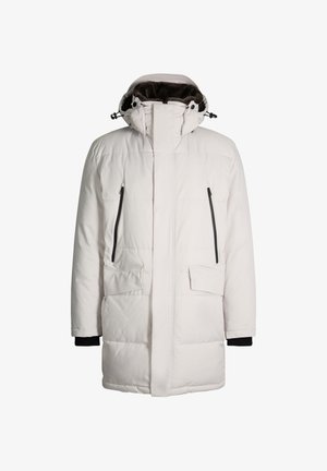 Gefütterte weiße Parka mit hohem Kragen, Reißverschlusstaschen und schwarzen Akzenten. Verfügt über eine gefütterte Kapuze und einen Frontverschluss.