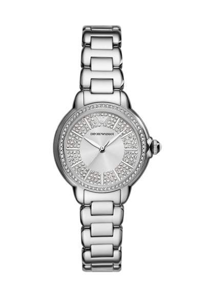 Srebrny zegarek na rękę Emporio Armani z tarczą wysadzaną kryształkami, trzema wskazówkami i polerowaną metalową bransoletą.