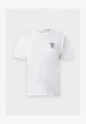 Άσπρο κοντομάνικο t-shirt με στρογγυλή λαιμόκοψη και μικρό μαύρο σχέδιο με ψάρι και τη φράση «Fischl Surfwear» στο αριστερό στήθος.