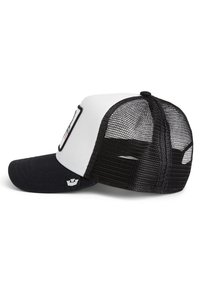 Schwarz-weiße Baseballmütze mit solidem Frontpanel, Netzrücken, gebogenem Schirm und Logo-Patch an der Seite. Mit verstellbarem Snapback-Verschluss.