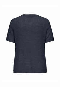 Krótki rękaw, granatowa koszulka wykonana z teksturowanej, tkanej tkaniny, z klasycznym okrągłym dekoltem, wykończona prostym dołem.