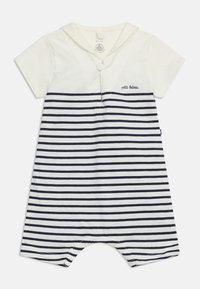 Βρεφικό φορμάκι με κοντά μανίκια, οριζόντιες ρίγες σε ναυτικό μπλε και λευκό, γιακαδάκι ναύτη και ένα κουμπί μπροστά.