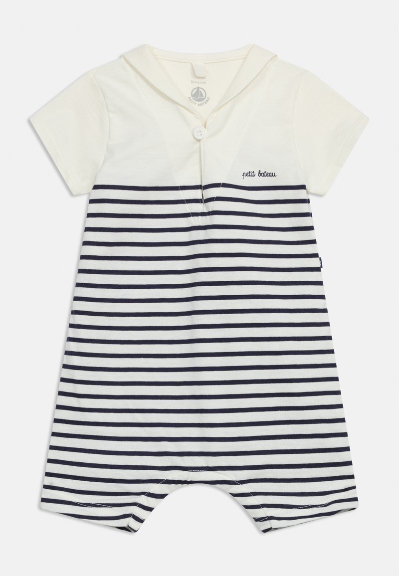 Βρεφικό φορμάκι με κοντά μανίκια, οριζόντιες ρίγες σε ναυτικό μπλε και λευκό, γιακαδάκι ναύτη και ένα κουμπί μπροστά.
