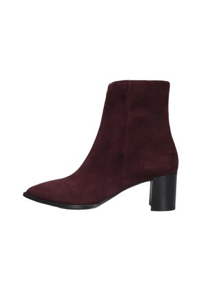 Ankle-high dark burgundy suede boot with pointed toe and block heel, shown from the outer side on a white background.