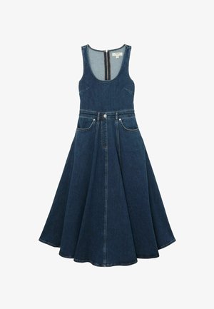Vestito senza maniche in denim blu scuro con scollo a girocollo, cerniera frontale, vita con bottoni, passanti per cintura e gonna midi svasata con tasche.