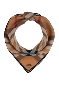 Silkkihuivi, jossa on beige-ruskea ruutukuvio punaisilla yksityiskohdilla. Viimeistelty mustilla reunoilla ja logolla alakulmassa.