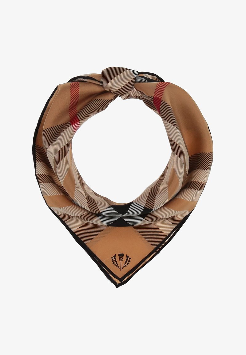 Silk scarf featuring a beige and brown tartan pattern with red accents. Finished with black edges and a logo at the bottom corner.