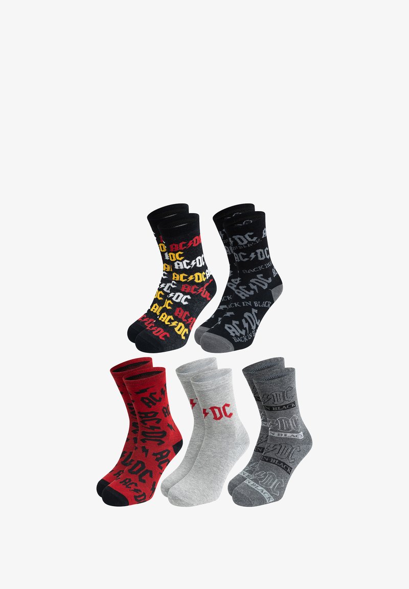 Four pairs of socks featuring AC/DC logos. Colors include black, red, and gray with varying patterns and designs. Each sock has a unique look.