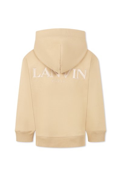 Sweat à capuche en beige clair, avec des poignets et un ourlet côtelés, et un logo embossé "LANVIN PARIS" au dos. Texture lisse.