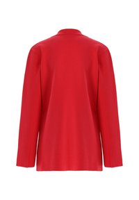 Roter Blazer mit glatter Textur, einer einzelnen Knopfleiste, Reverskragen, langen Ärmeln und leicht taillierter Passform. Rückansicht gezeigt.