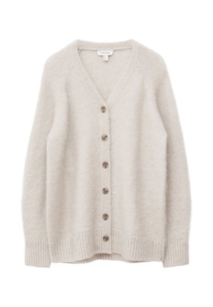 Cremfarbener, flauschiger Cardigan mit V-Ausschnitt, sieben braunen Knöpfen auf der Vorderseite sowie gerippten Bündchen und Saum. Weiche Textur, lockere Passform.