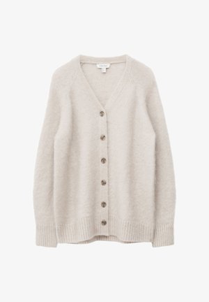 Cremfarbener, flauschiger Cardigan mit V-Ausschnitt, sieben braunen Knöpfen auf der Vorderseite sowie gerippten Bündchen und Saum. Weiche Textur, lockere Passform.