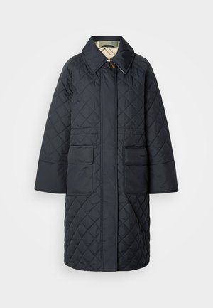 Öösinise värvi tikandiga mantel, klassikalise kraega, ees nööbitav, kahe taskuga ja mustrilise voodriga. Tekstuurse kangaga, diagonaalsete õmblustega.