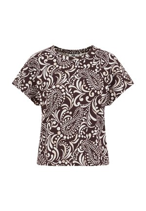 Braunes Kurzarmhemd mit weißem Blumen- und Paisley-Muster, rundem Ausschnitt und lockerer Passform.