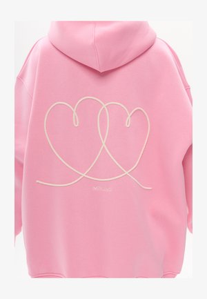 Felpa con cappuccio rosa con un disegno ricamato bianco di due cuori doppi sul retro, con il testo "MIRONG" sotto. Tessuto morbido, vestibilità comoda.