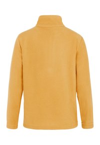 Pullover di pile giallo con colletto alto, maniche lunghe e texture morbida. Il retro è semplice, senza dettagli o fantasie aggiuntive.