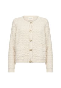 Cardigan tricotat crem cu un model texturat, decolteu rotund, buzunare frontale și nasturi cu nuanță de aur, având mâneci lungi și un croi scurt.