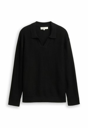 Maglione nero a collo con scollatura a V. Tessuto a coste, maniche lunghe e vestibilità rilassata. Materiale morbido con una fantasia uniforme.