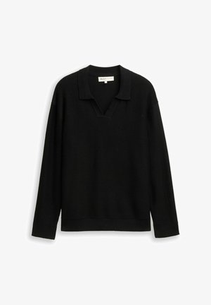 Maglione nero a collo con scollatura a V. Tessuto a coste, maniche lunghe e vestibilità rilassata. Materiale morbido con una fantasia uniforme.