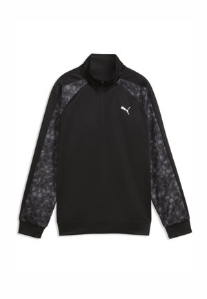 Sort Puma kvart-lynlås sweatshirt med mønstrede mørkegrå honningkagerærmer og hvid Puma logo på venstre bryst.