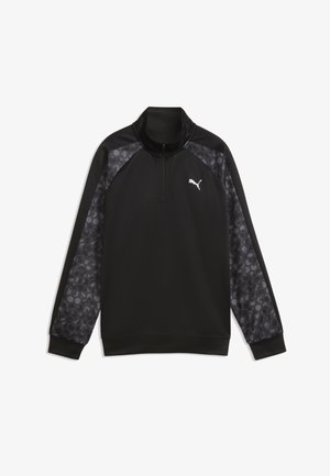 Czarna bluza Puma z zamkiem do ćwierć, z wzorzystymi ciemnoszarymi rękawami w kształcie plastra miodu i białym logo Puma na lewym biuście.