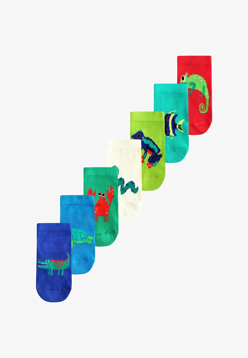Siete calcetines infantiles coloridos con diseños de animales: cocodrilo, tortuga, cangrejo, serpiente, rana, pez y camaleón.