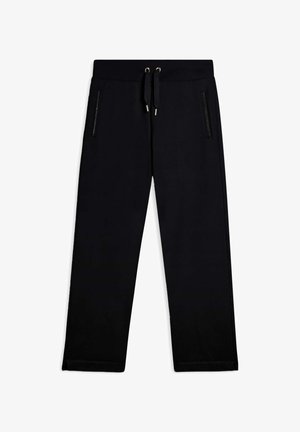 Pantaloni della tuta neri realizzati in tessuto morbido, con vita regolabile tramite cordoncino, due tasche con zip e gambe affusolate. Superficie testurizzata con dettagli minimi.