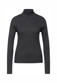Mörkgrå rippad polotröja, långärmad med en figursydd silhuett och elastisk textur. Inga synliga dekorationer eller mönster.