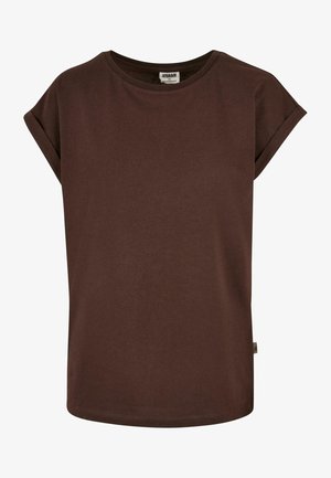 T-shirt marron à manches courtes en coton doux. Il présente un design simple et décontracté avec un col rond et un ourlet cousu.
