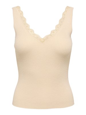 Top beige sin mangas de canalé con escote en V y borde de encaje con borde festoneado, silueta ajustada.