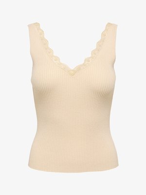 Haut sans manches beige à côtes avec encolure en V et bordure en dentelle festonnée, silhouette ajustée.